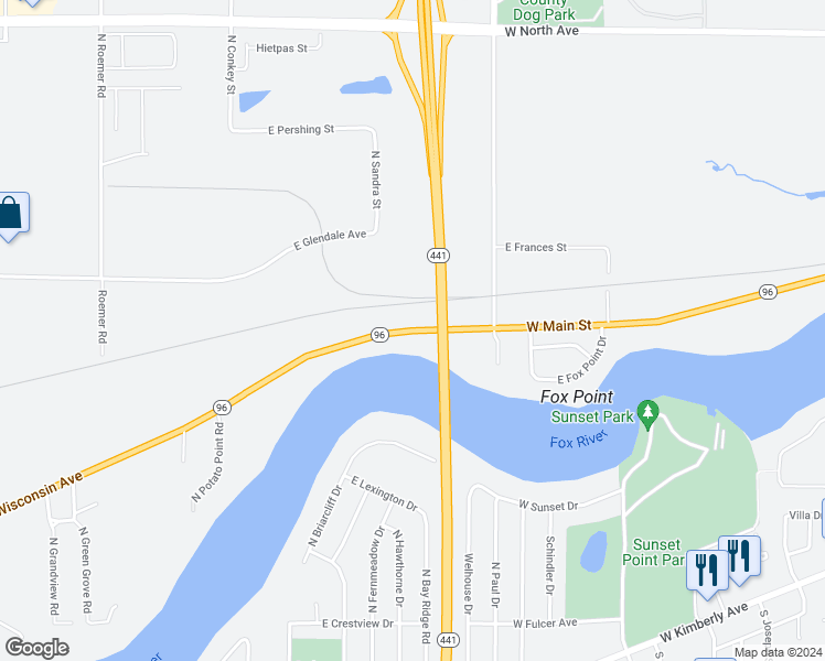 map of restaurants, bars, coffee shops, grocery stores, and more near 4527 E Wisconsin Ave in Little Chute