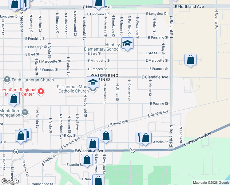 map of restaurants, bars, coffee shops, grocery stores, and more near 1801 North Ullman Street in Appleton