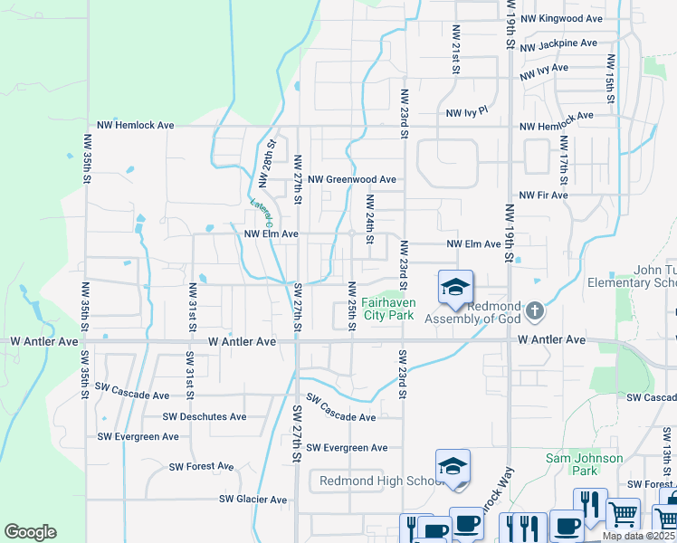 map of restaurants, bars, coffee shops, grocery stores, and more near 2581 Northwest Cedar Avenue in Redmond