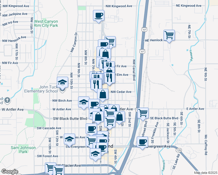 map of restaurants, bars, coffee shops, grocery stores, and more near 429 Northwest Cedar Avenue in Redmond
