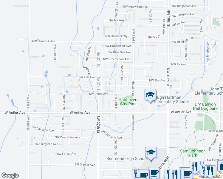 map of restaurants, bars, coffee shops, grocery stores, and more near 2531 Northwest Cedar Avenue in Redmond