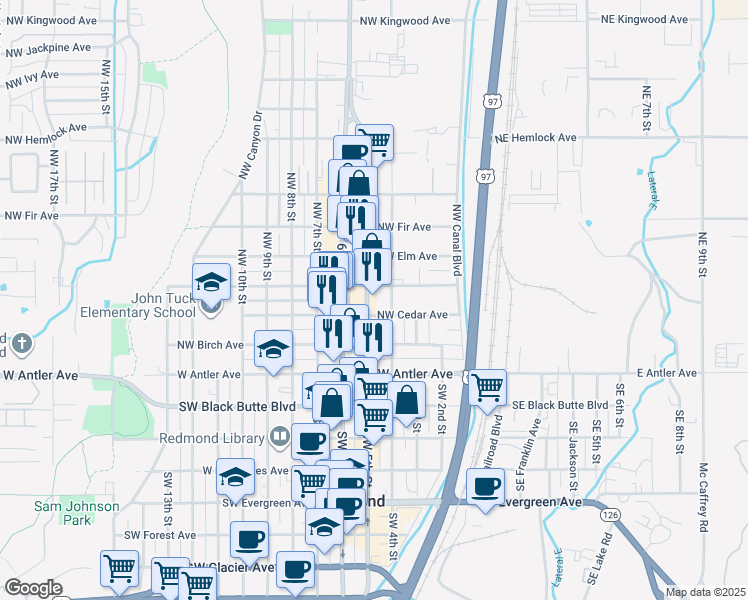 map of restaurants, bars, coffee shops, grocery stores, and more near 429 Northwest Cedar Avenue in Redmond