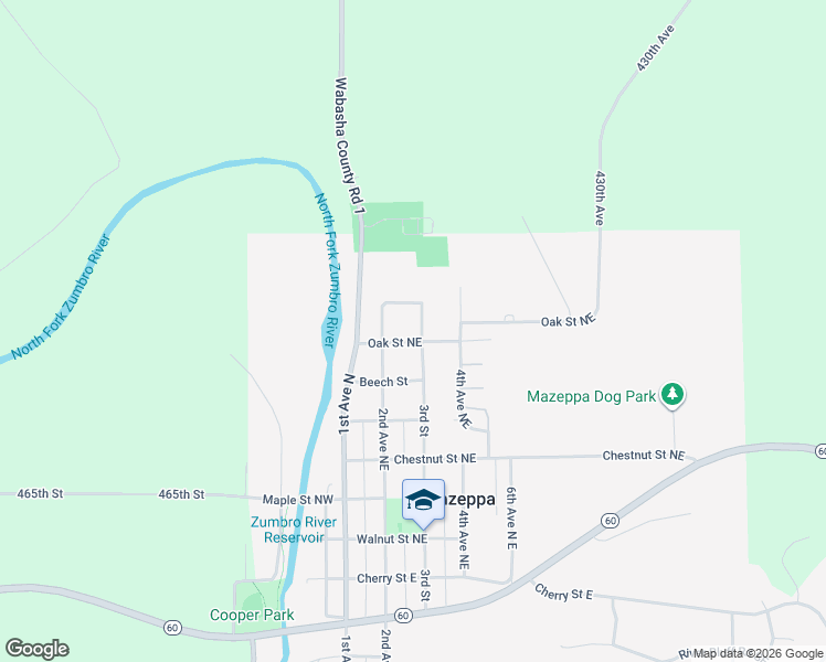 map of restaurants, bars, coffee shops, grocery stores, and more near 280 Oak Street Northeast in Mazeppa