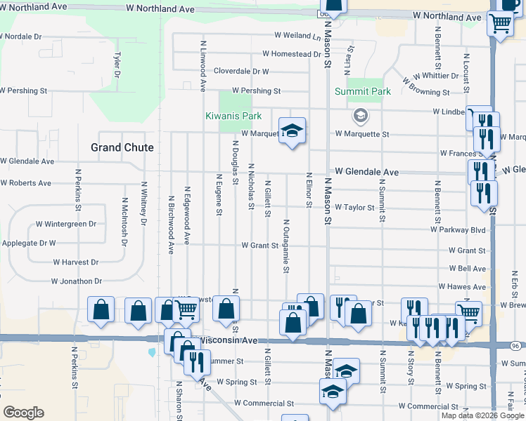 map of restaurants, bars, coffee shops, grocery stores, and more near 1764 North Gillett Street in Appleton