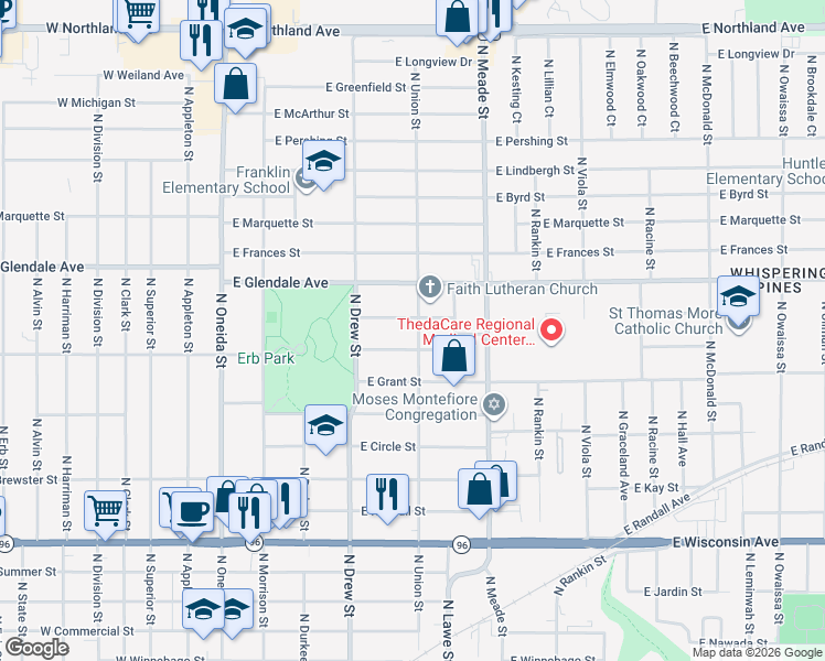map of restaurants, bars, coffee shops, grocery stores, and more near 600 East Parkway Boulevard in Appleton