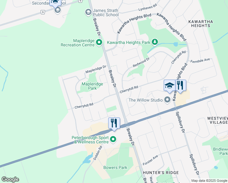 map of restaurants, bars, coffee shops, grocery stores, and more near 1769 Cherryhill Road in Peterborough
