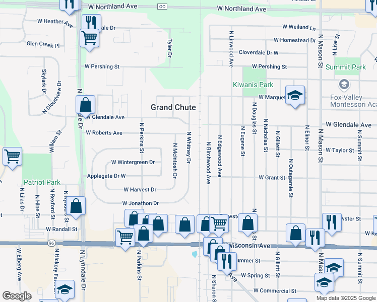 map of restaurants, bars, coffee shops, grocery stores, and more near 1829 North Whitney Drive in Appleton