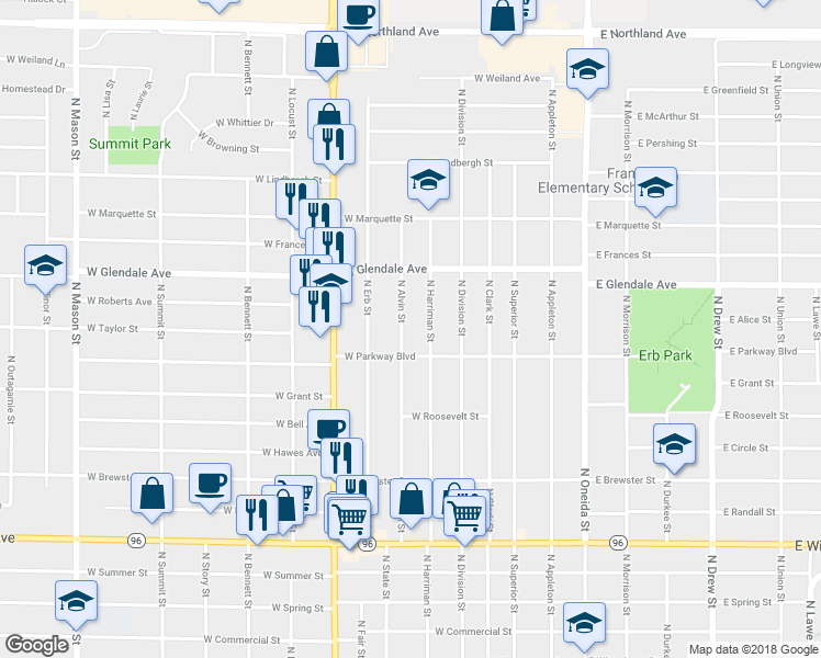 map of restaurants, bars, coffee shops, grocery stores, and more near 1822 North Alvin Street in Appleton