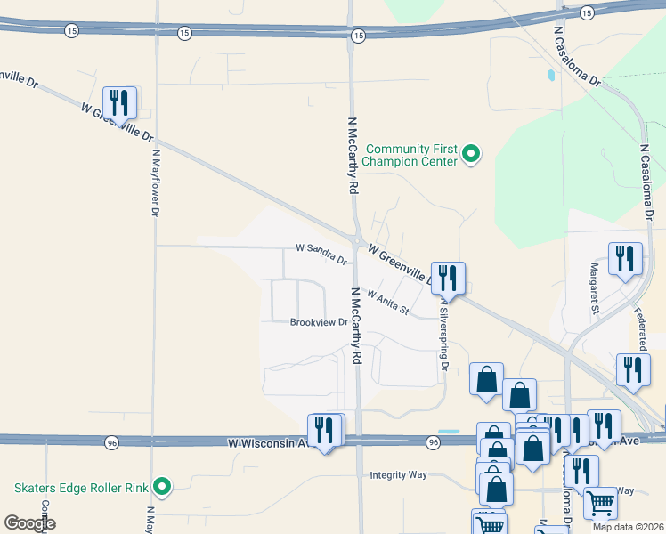 map of restaurants, bars, coffee shops, grocery stores, and more near 5400 Pleasant Way in Appleton