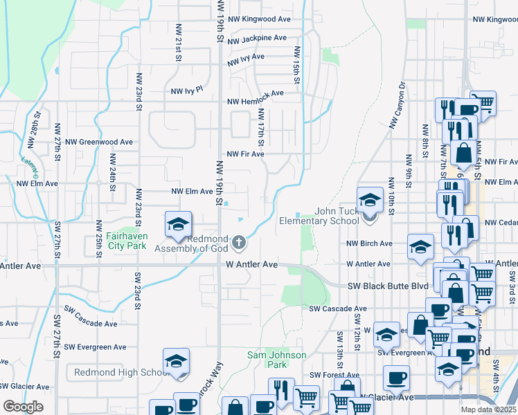 map of restaurants, bars, coffee shops, grocery stores, and more near 333 Northwest 17th Street in Redmond