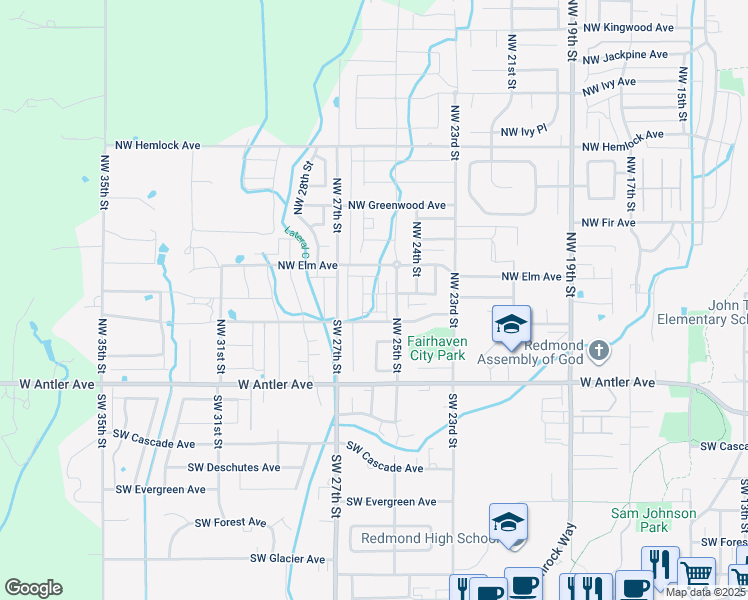 map of restaurants, bars, coffee shops, grocery stores, and more near 2531 Northwest Cedar Avenue in Redmond