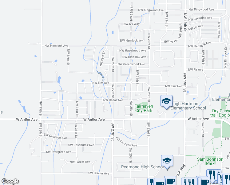 map of restaurants, bars, coffee shops, grocery stores, and more near 2661 Northwest Cedar Avenue in Redmond