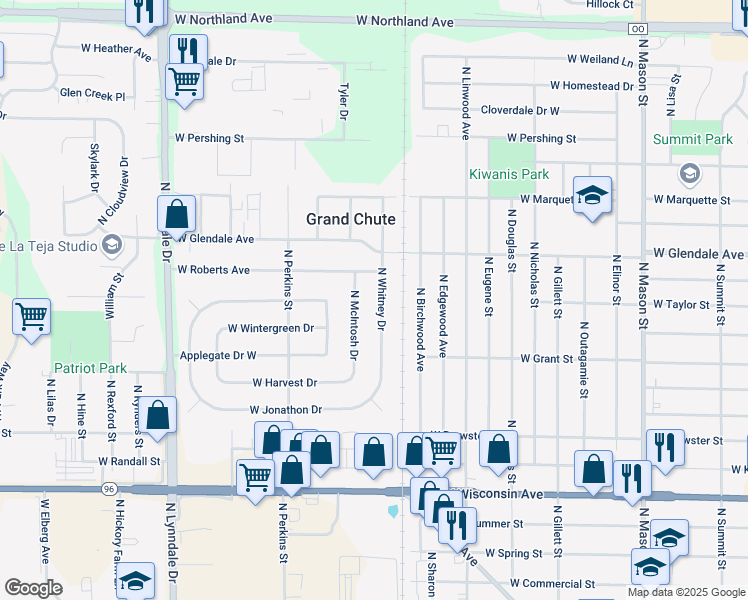 map of restaurants, bars, coffee shops, grocery stores, and more near 1814 North Whitney Drive in Appleton