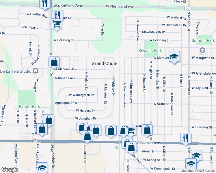map of restaurants, bars, coffee shops, grocery stores, and more near 1811 North McIntosh Drive in Appleton