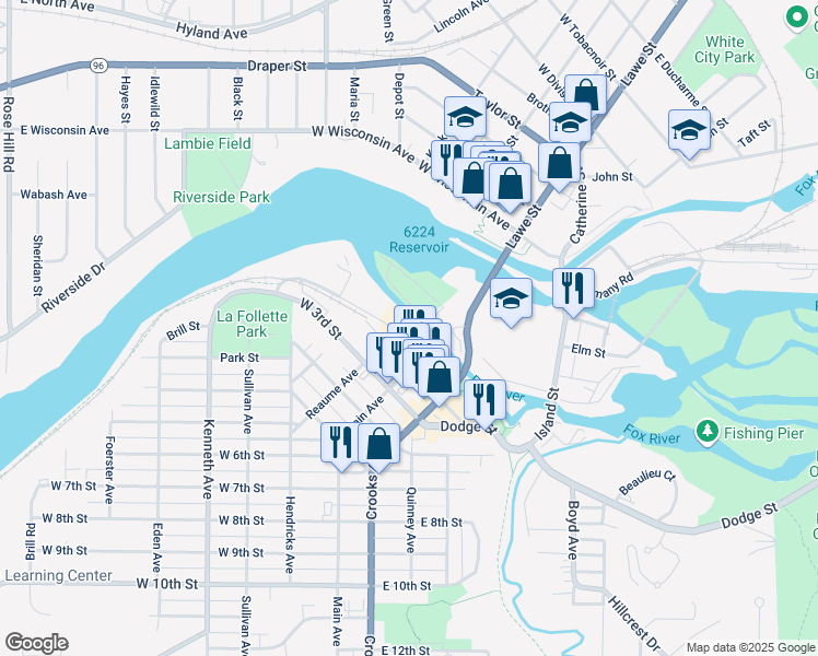 map of restaurants, bars, coffee shops, grocery stores, and more near 144 West 2nd Street in Kaukauna