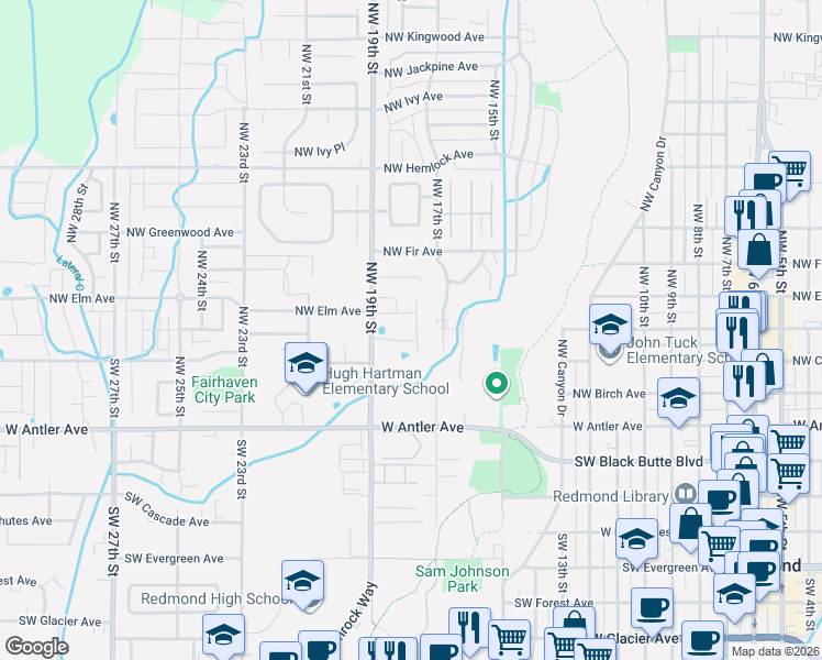 map of restaurants, bars, coffee shops, grocery stores, and more near 350 Northwest 19th Street in Redmond