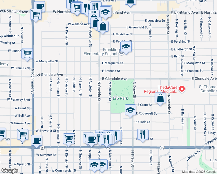 map of restaurants, bars, coffee shops, grocery stores, and more near 1901 North Morrison Street in Appleton