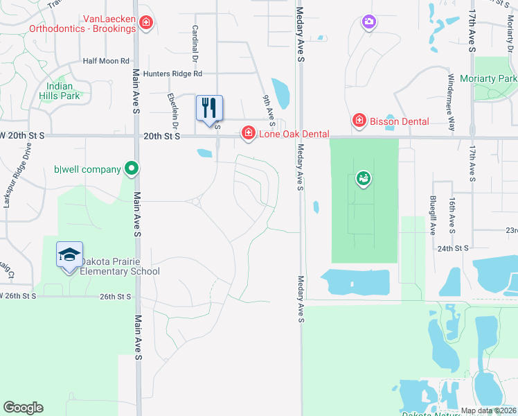 map of restaurants, bars, coffee shops, grocery stores, and more near 2125 Goldenrod Trail in Brookings