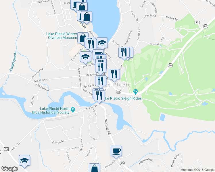 map of restaurants, bars, coffee shops, grocery stores, and more near 6187 Sentinel Road in Lake Placid