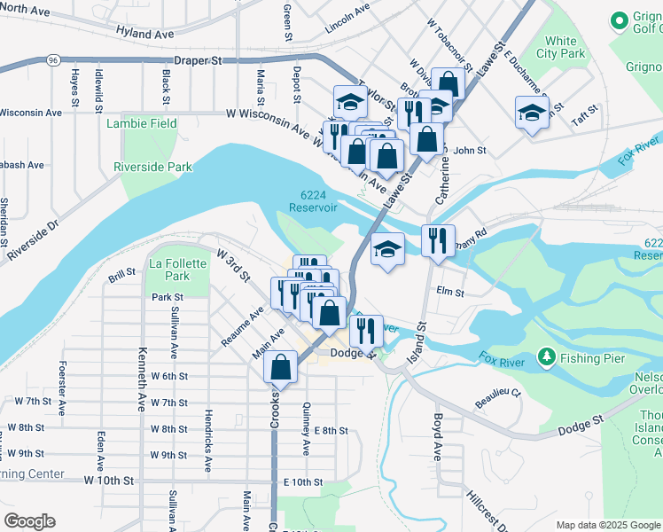 map of restaurants, bars, coffee shops, grocery stores, and more near 101 Main Avenue in Kaukauna