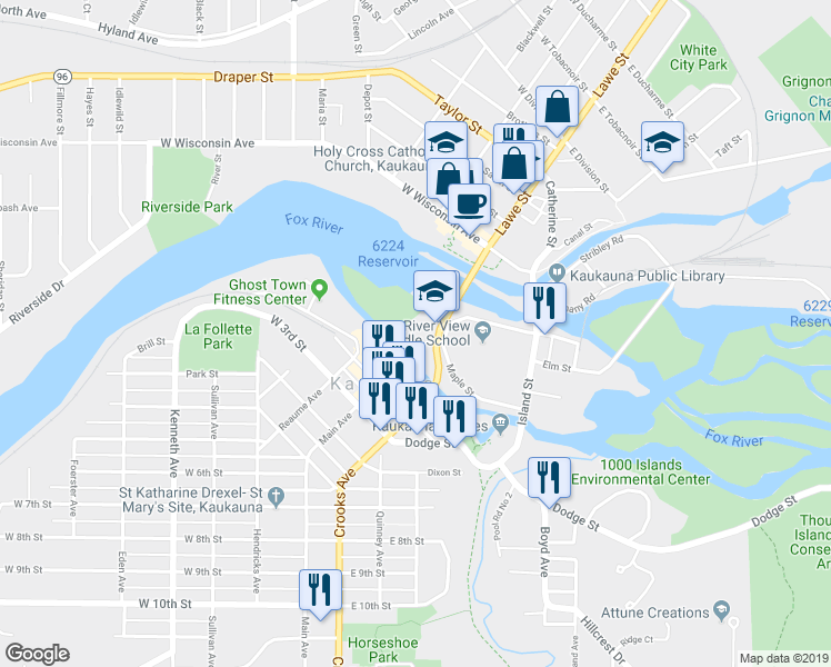 map of restaurants, bars, coffee shops, grocery stores, and more near 111 Main Avenue in Kaukauna
