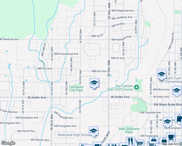 map of restaurants, bars, coffee shops, grocery stores, and more near 2145 Northwest Elm Avenue in Redmond