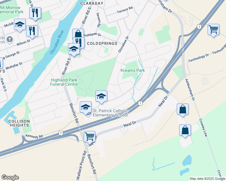 map of restaurants, bars, coffee shops, grocery stores, and more near 414 Crystal Drive in Peterborough