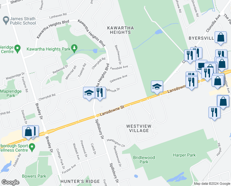 map of restaurants, bars, coffee shops, grocery stores, and more near in Peterborough