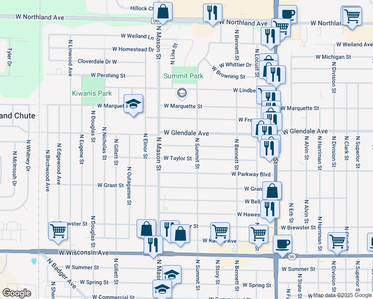 map of restaurants, bars, coffee shops, grocery stores, and more near 1124 West Roberts Avenue in Appleton