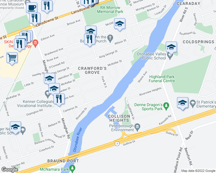 map of restaurants, bars, coffee shops, grocery stores, and more near 608 Park Street South in Peterborough