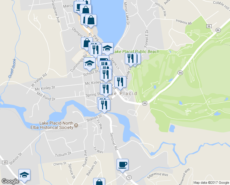 map of restaurants, bars, coffee shops, grocery stores, and more near 6193 Sentinel Road in Lake Placid