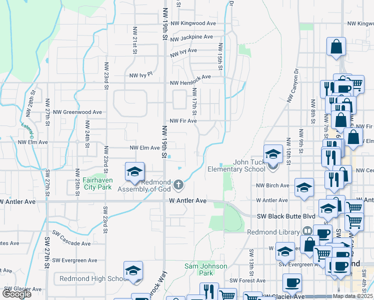 map of restaurants, bars, coffee shops, grocery stores, and more near 438 Northwest 19th Street in Redmond