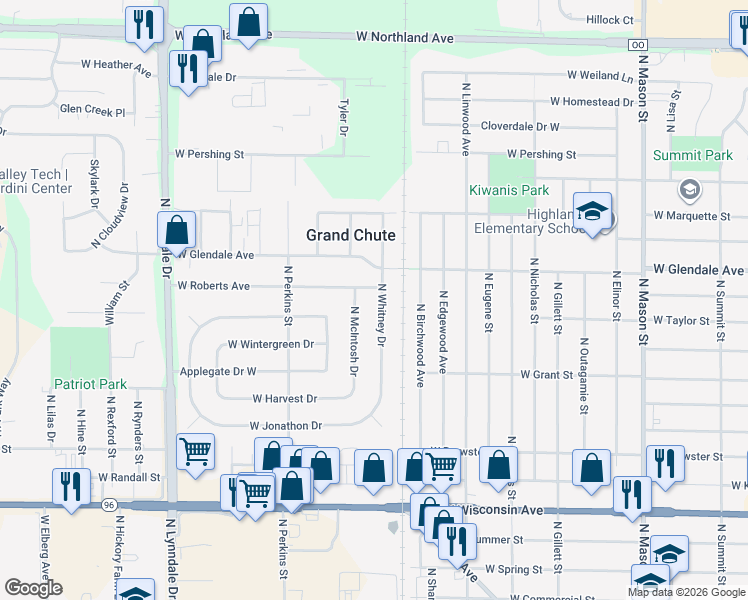 map of restaurants, bars, coffee shops, grocery stores, and more near 1933 North Whitney Drive in Appleton
