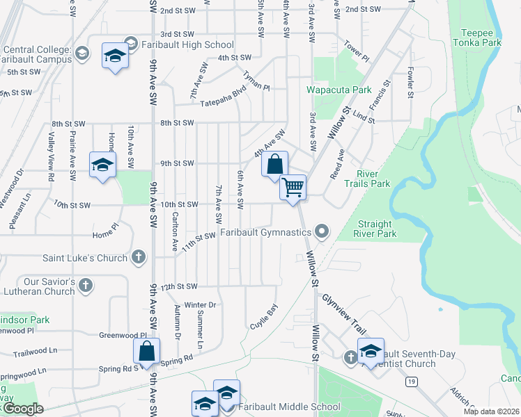 map of restaurants, bars, coffee shops, grocery stores, and more near 522 10th Street Southwest in Faribault