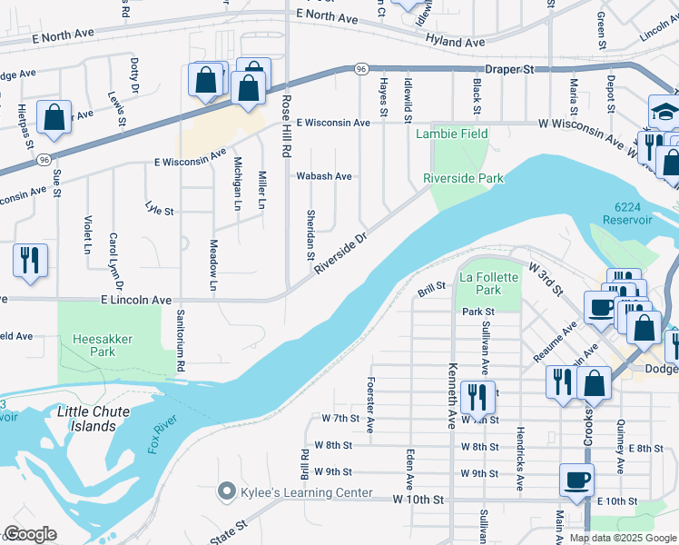 map of restaurants, bars, coffee shops, grocery stores, and more near 2407 Riverside Drive in Kaukauna