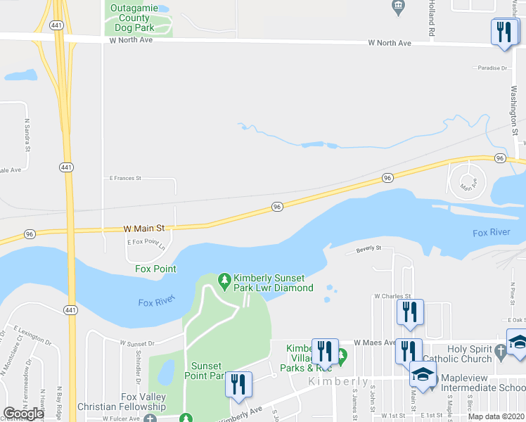 map of restaurants, bars, coffee shops, grocery stores, and more near 2325 West Main Street in Little Chute