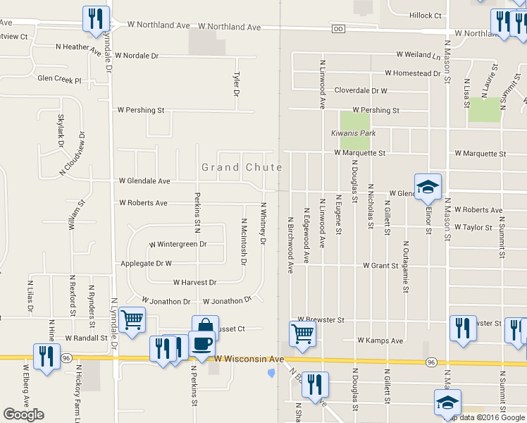 map of restaurants, bars, coffee shops, grocery stores, and more near 1933 N Whitney Dr in Appleton