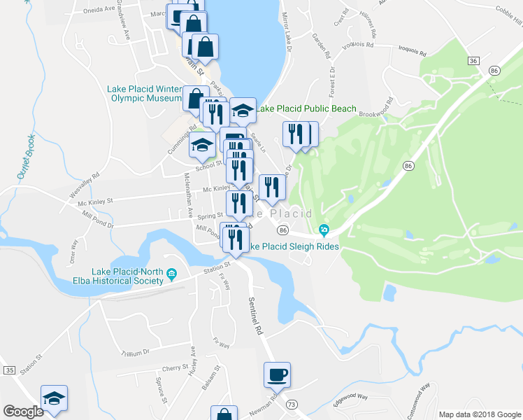map of restaurants, bars, coffee shops, grocery stores, and more near 6197 Sentinel Road in Lake Placid