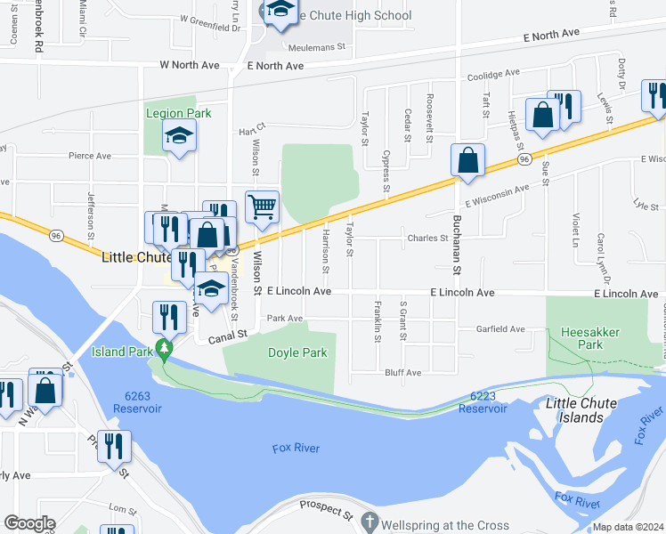 map of restaurants, bars, coffee shops, grocery stores, and more near 524 Harrison Street in Little Chute