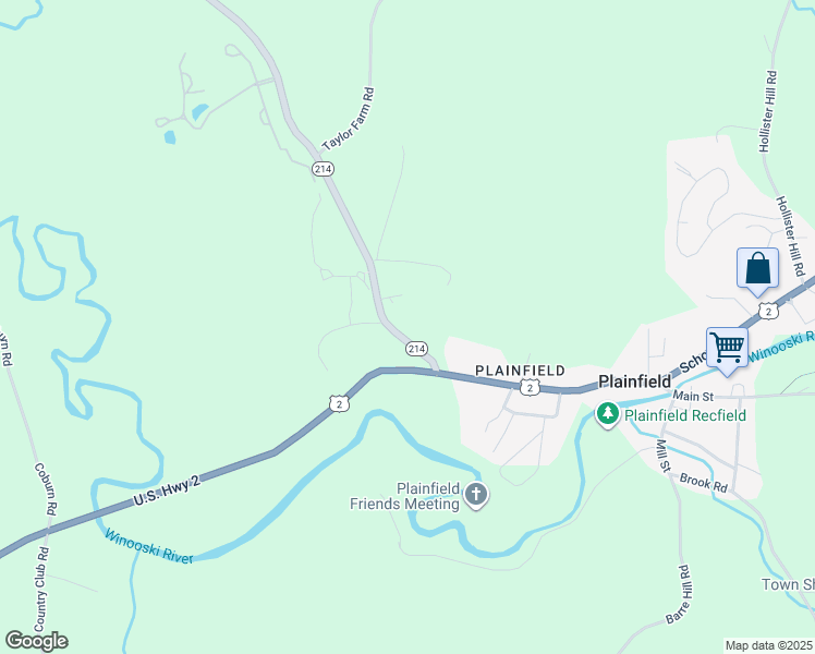 map of restaurants, bars, coffee shops, grocery stores, and more near 114 Vermont 214 in Plainfield