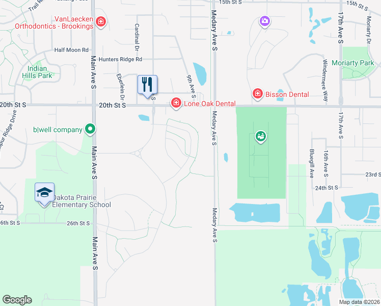 map of restaurants, bars, coffee shops, grocery stores, and more near Goldenrod Trail in Brookings