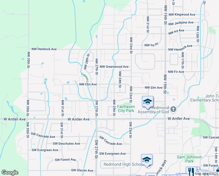 map of restaurants, bars, coffee shops, grocery stores, and more near 471 Northwest 25th Street in Redmond