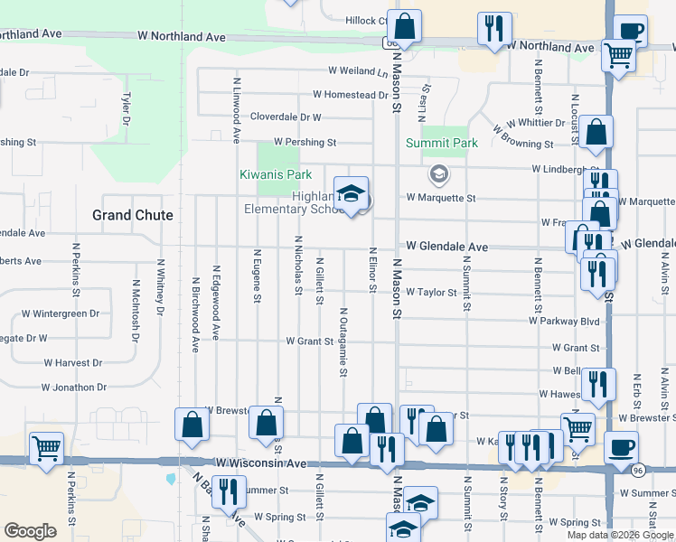 map of restaurants, bars, coffee shops, grocery stores, and more near 1912 North Outagamie Street in Appleton