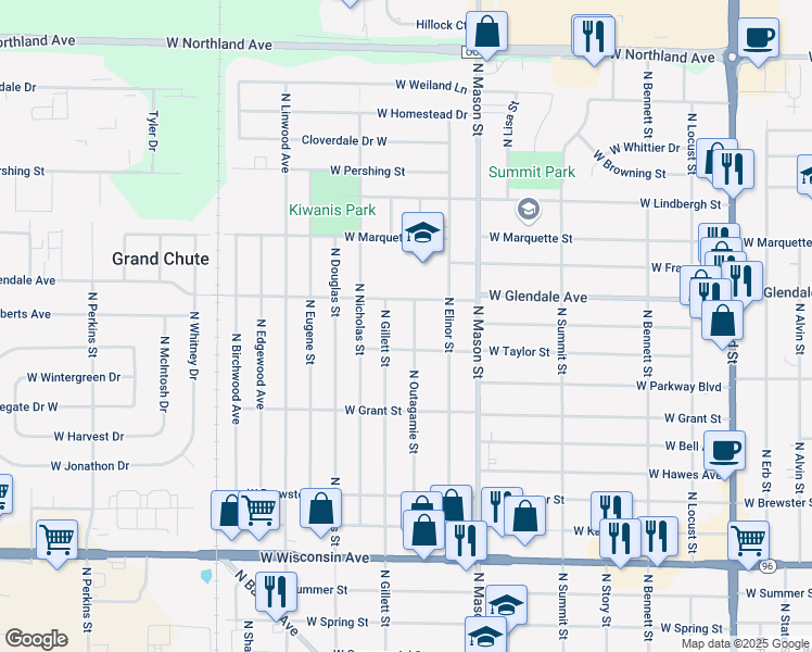 map of restaurants, bars, coffee shops, grocery stores, and more near 1912 North Outagamie Street in Appleton