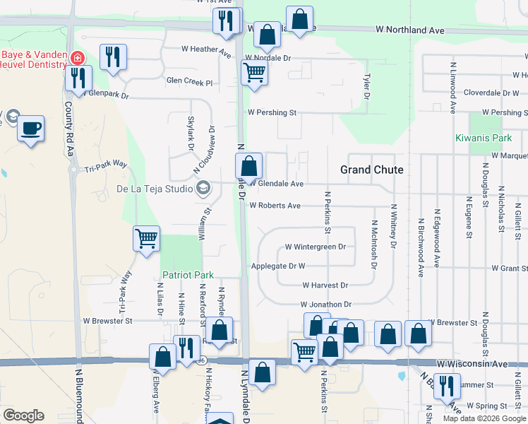 map of restaurants, bars, coffee shops, grocery stores, and more near 2421 West Roberts Avenue in Appleton