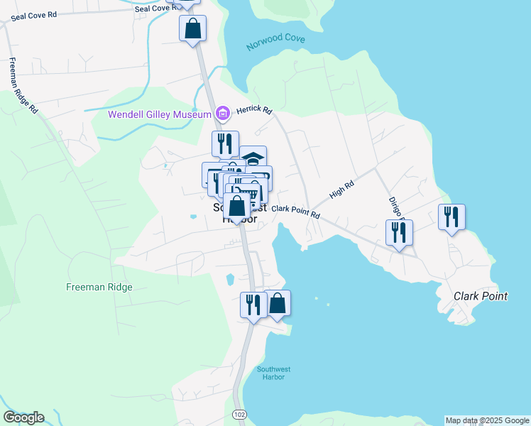 map of restaurants, bars, coffee shops, grocery stores, and more near in Southwest Harbor