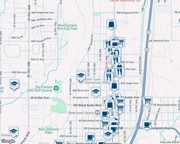 map of restaurants, bars, coffee shops, grocery stores, and more near 432 Northwest 10th Street in Redmond
