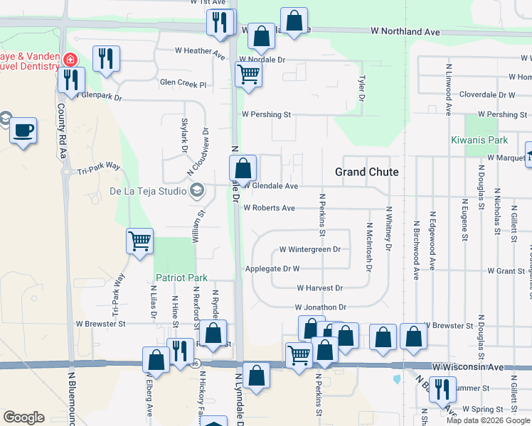 map of restaurants, bars, coffee shops, grocery stores, and more near 2421 West Roberts Avenue in Appleton