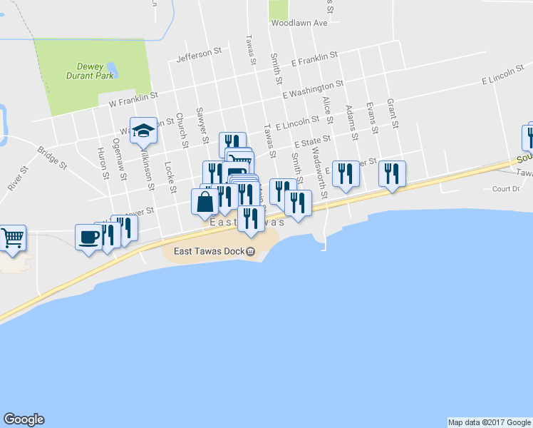 map of restaurants, bars, coffee shops, grocery stores, and more near 209 East Bay Street in East Tawas