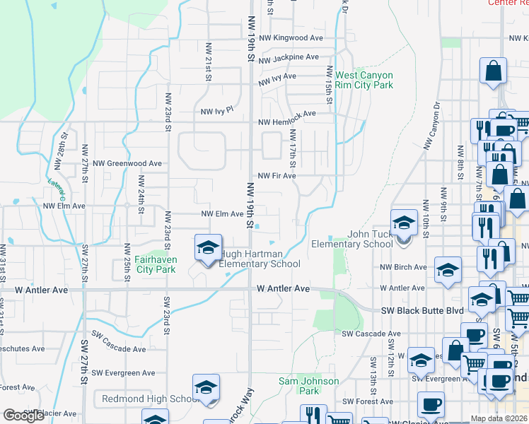 map of restaurants, bars, coffee shops, grocery stores, and more near 438 Northwest 19th Street in Redmond
